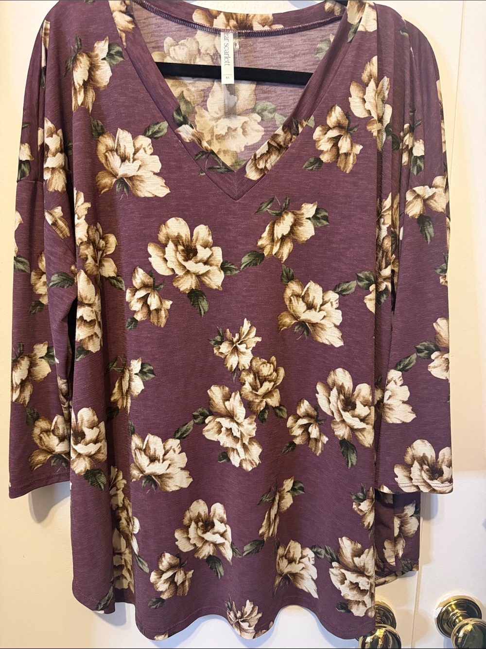 Plus-Size V-Neck Floral Long Sleeve Top in Plum